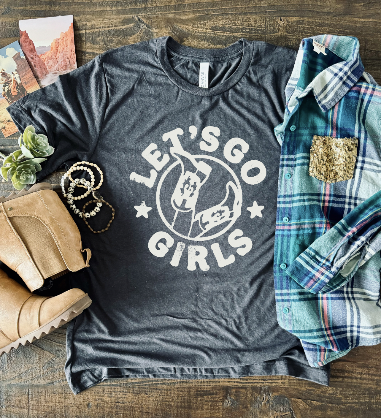 Let's Go Girls, Vintage, Country, Western, Distressed, Bella and Canvas, Hand-made apparel, Shipped from Texas, Charcoal Unisex Shirt.
