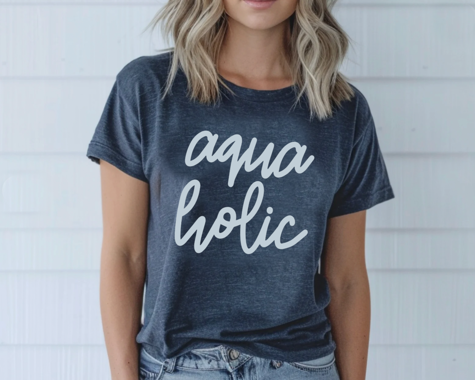 Aquaholic beach girl, summer shirt or tank. Water love Aquaholic design. Heather Navy T-Shirt from Bella and Canvas.