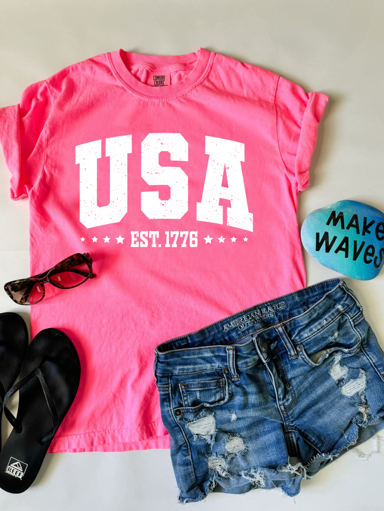 Bright summer beach girl shirt. USA Est. 1776, 4th of July shirt. Comfort Color Neon Pink.