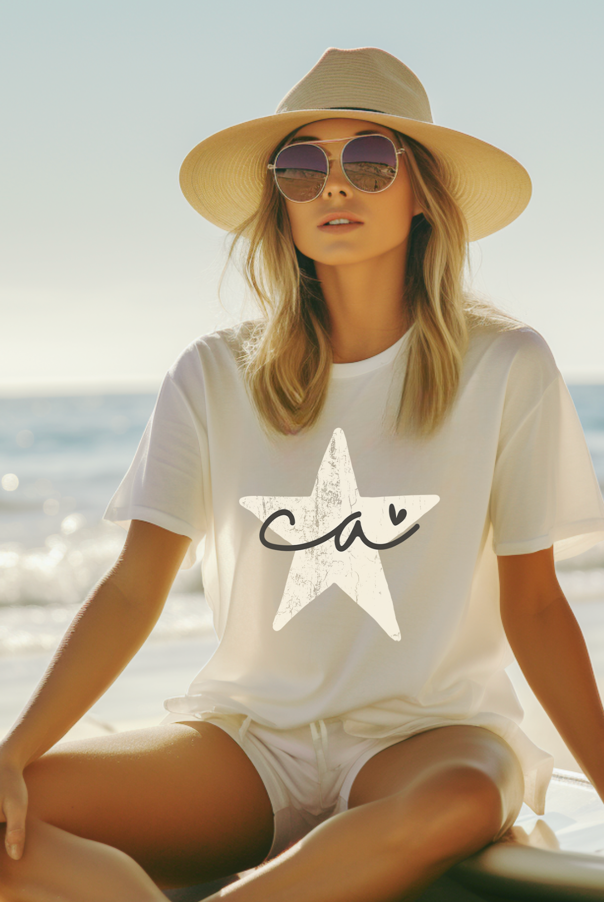 California beach girl, beach vibes vintage coastal girl shirt with ca inside a star with a heart on it. Shirt color is cream Bella and Canvas.