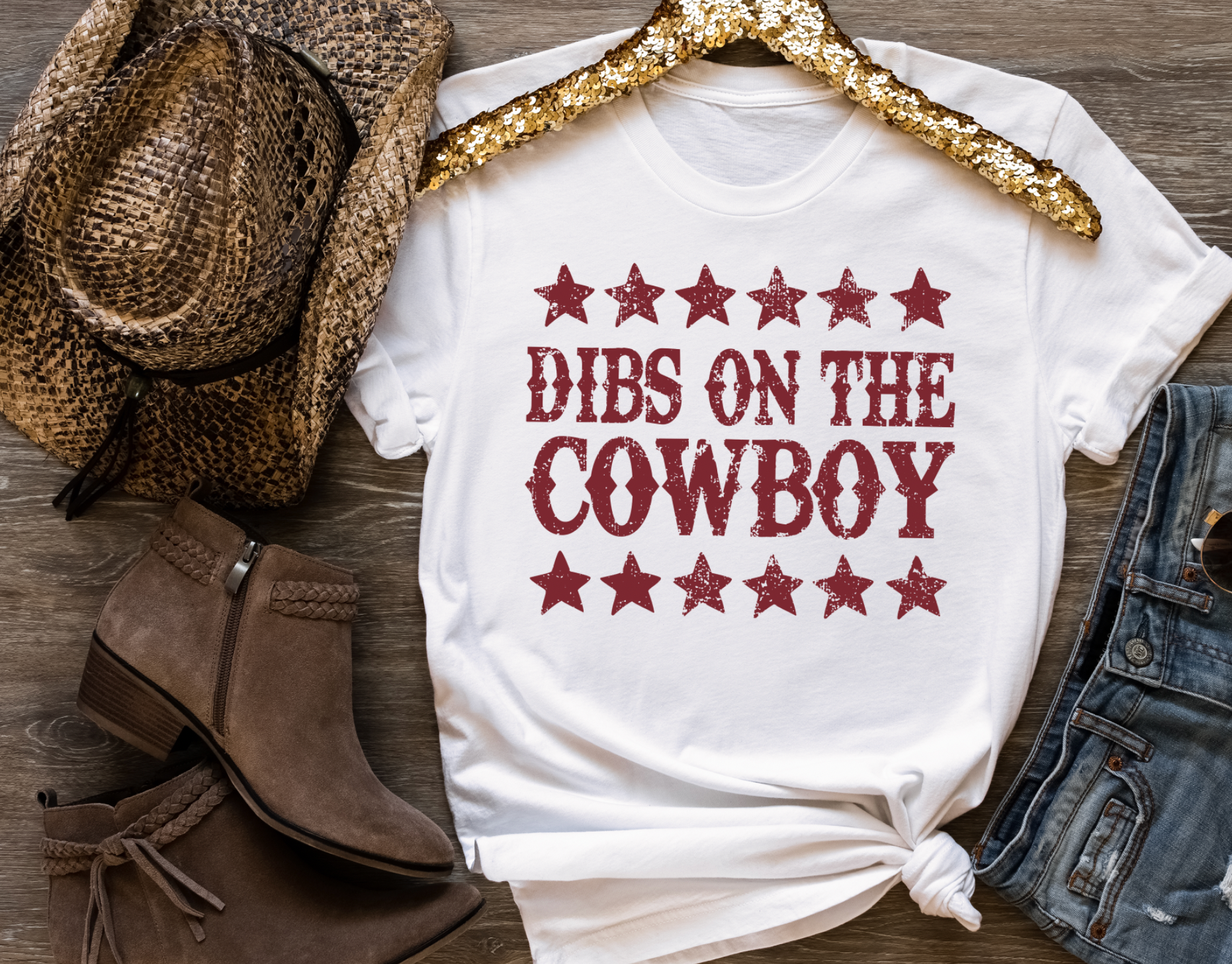 Vintage western country girl graphic tee with Dibs on the Cowboy on it. Bella and Canvas white unisex tshirt.