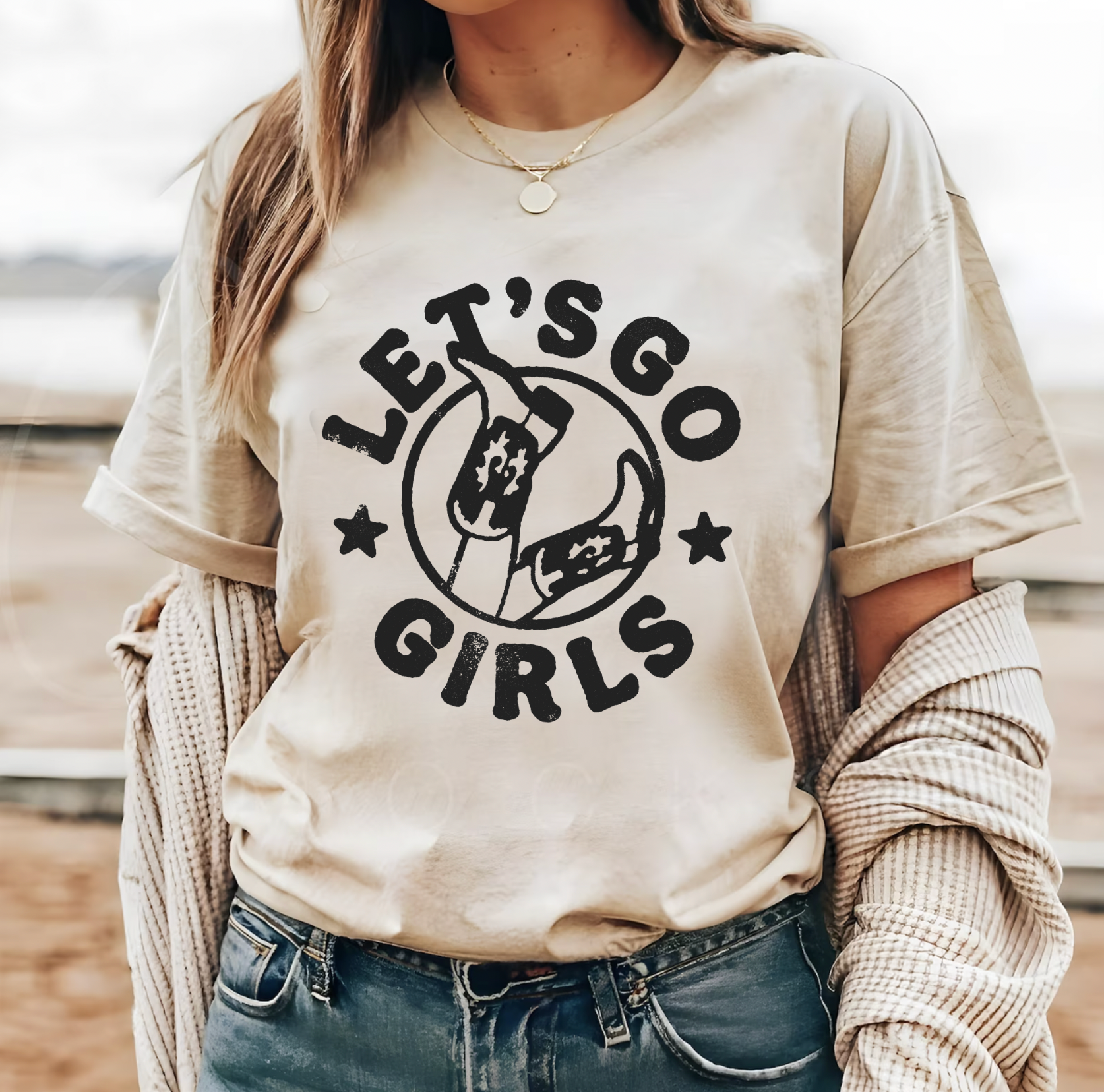 Let's Go Girls, Vintage, Country, Western, Distressed, Bella and Canvas, Hand-made apparel, Shipped from Texas, Cream Unisex Shirt.