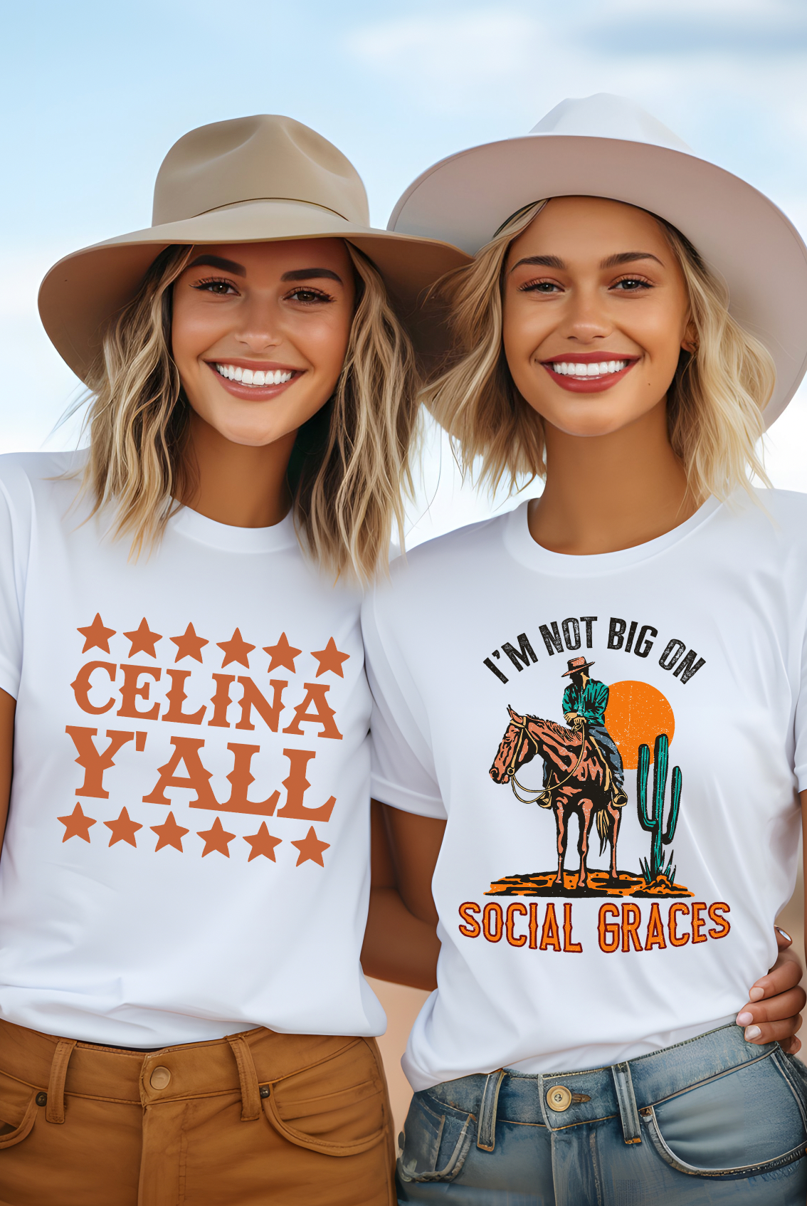Celina Y'all is for Celina, Texas. Show small town home town pride for Celina. White soft Bella and Canvas unisex t-shirt. Also featuring a white shirt with I'm Not Big On Social Graces design for the country western vintage girl.