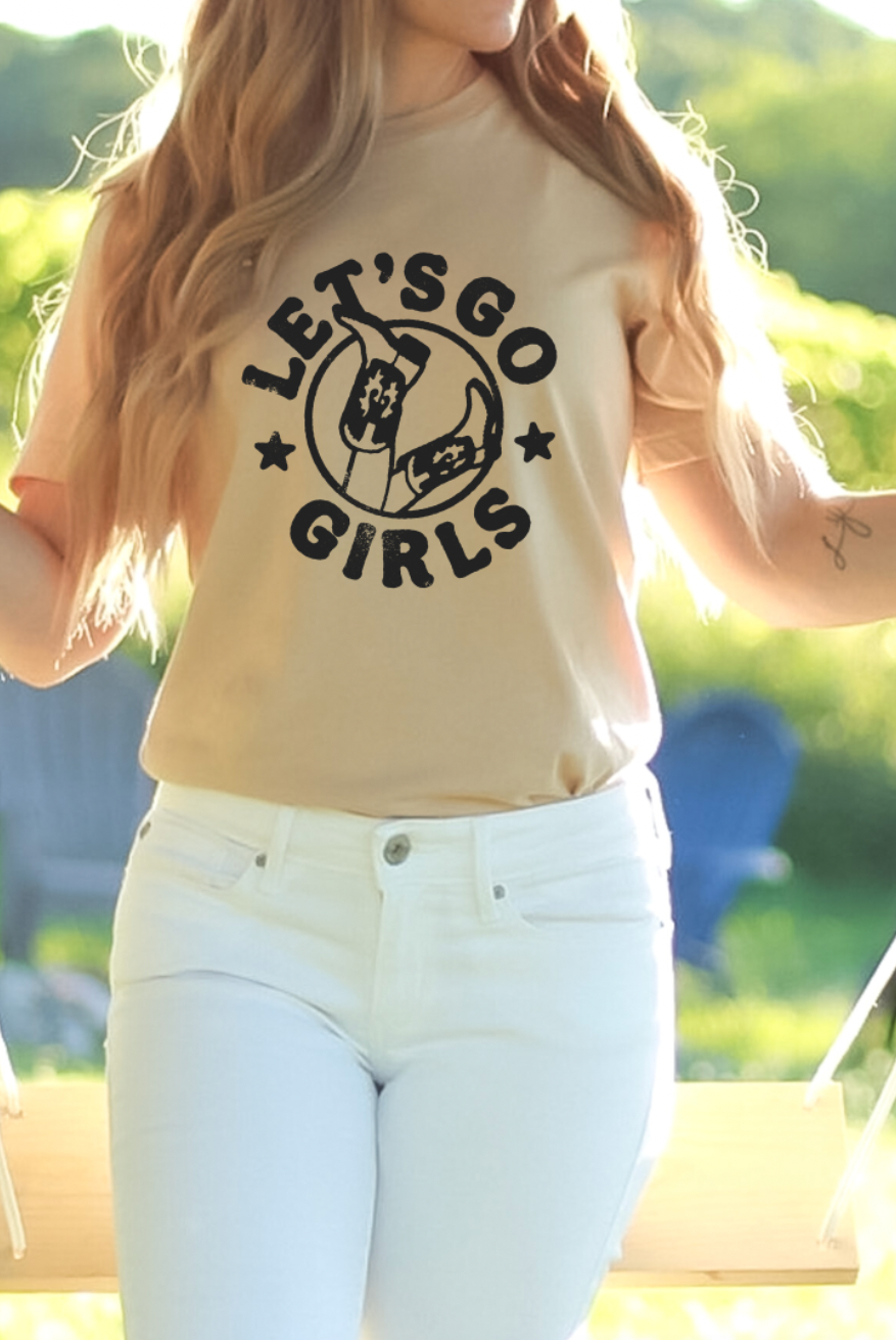 Let's Go Girls, Vintage, Country, Western, Distressed, Bella and Canvas, Hand-made apparel, Shipped from Texas, Tan Unisex Shirt.