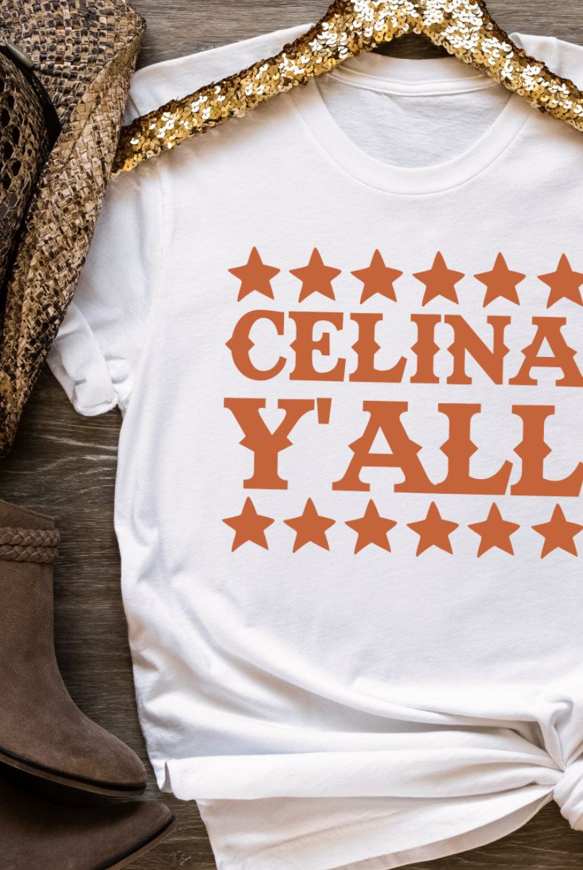 Celina Y'all is for Celina, Texas. Show small town home town pride for Celina. White soft Bella and Canvas unisex t-shirt.