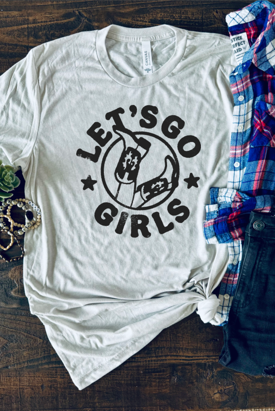 Let's Go Girls, Vintage, Country, Western, Distressed, Bella and Canvas, Hand-made apparel, Shipped from Texas, Cement Unisex Shirt.