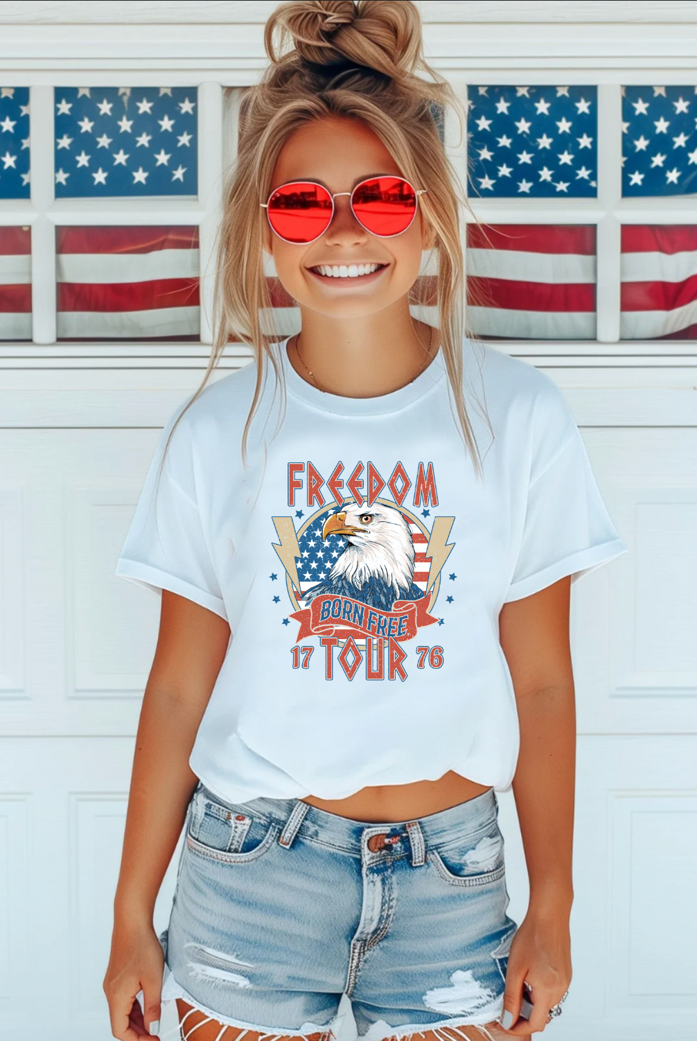 Freedom Tour. Born Free 1776. Vintage Americana 4th of Julysoft t-shirt from Bella and Canvas. Color shirt is white.