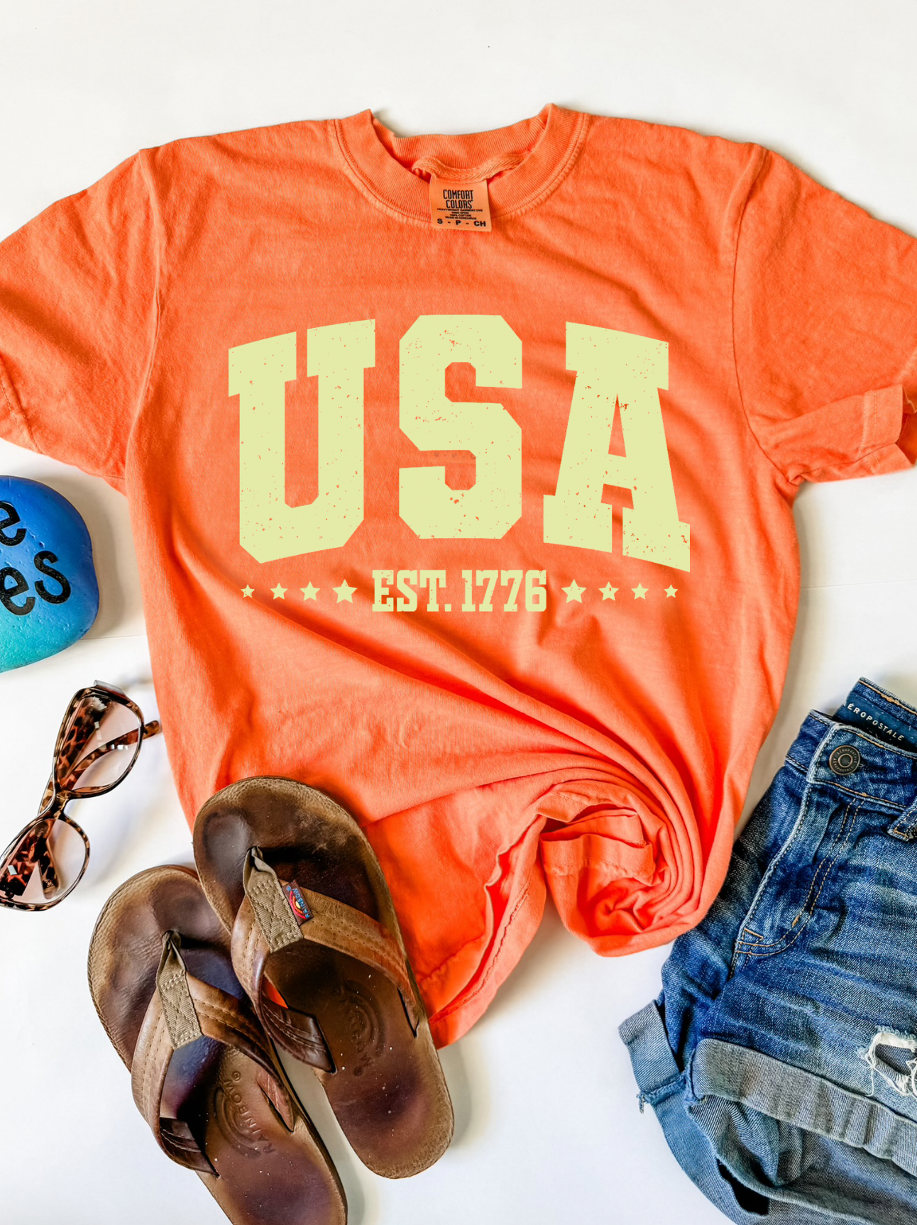 Bright summer beach girl shirt. USA Est. 1776, 4th of July shirt. Comfort Color Melon.