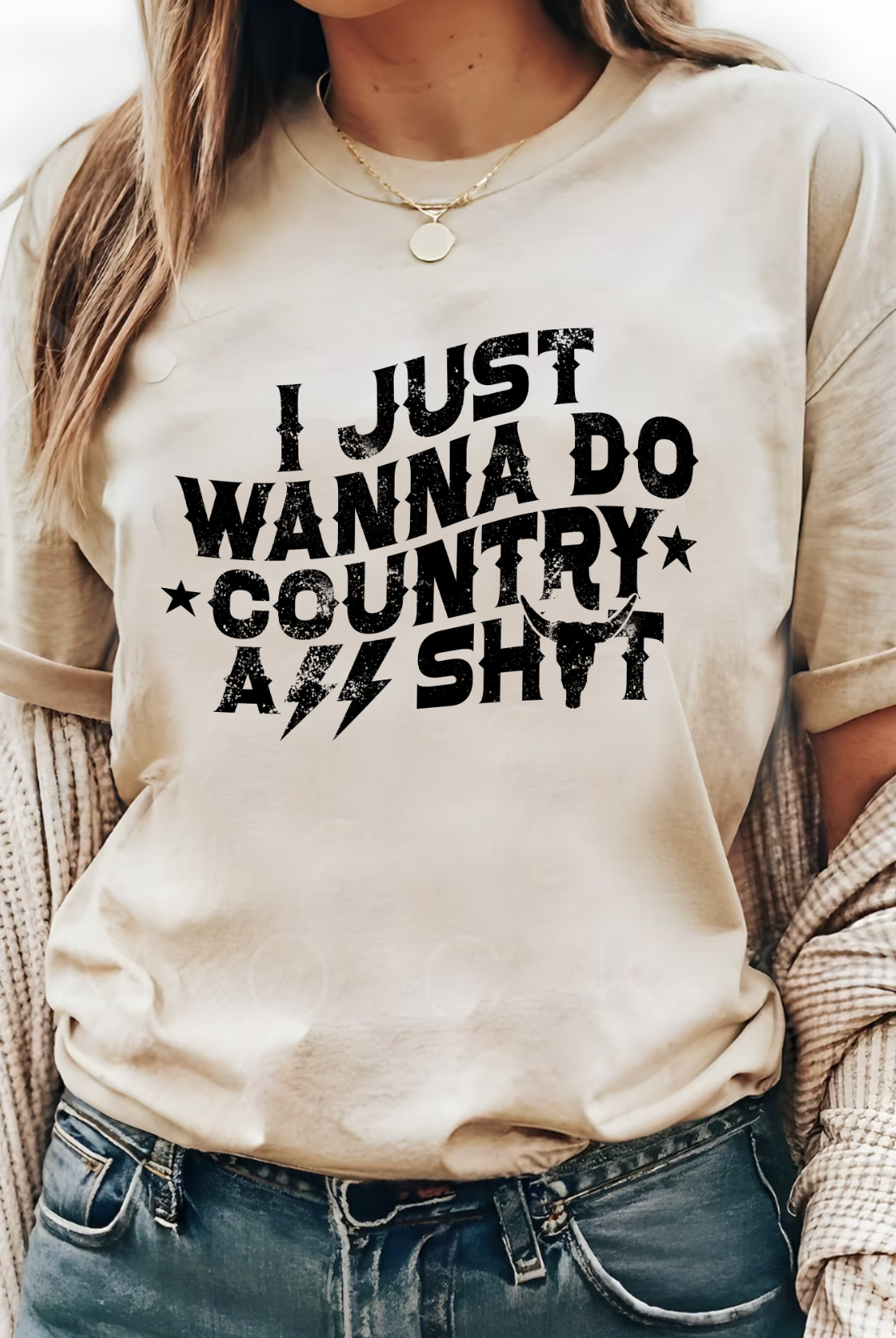 I just wanna do country ass shit, unisex bella and canvas t-shirt featuring stars, lightning bolts and longhorn in cream color.