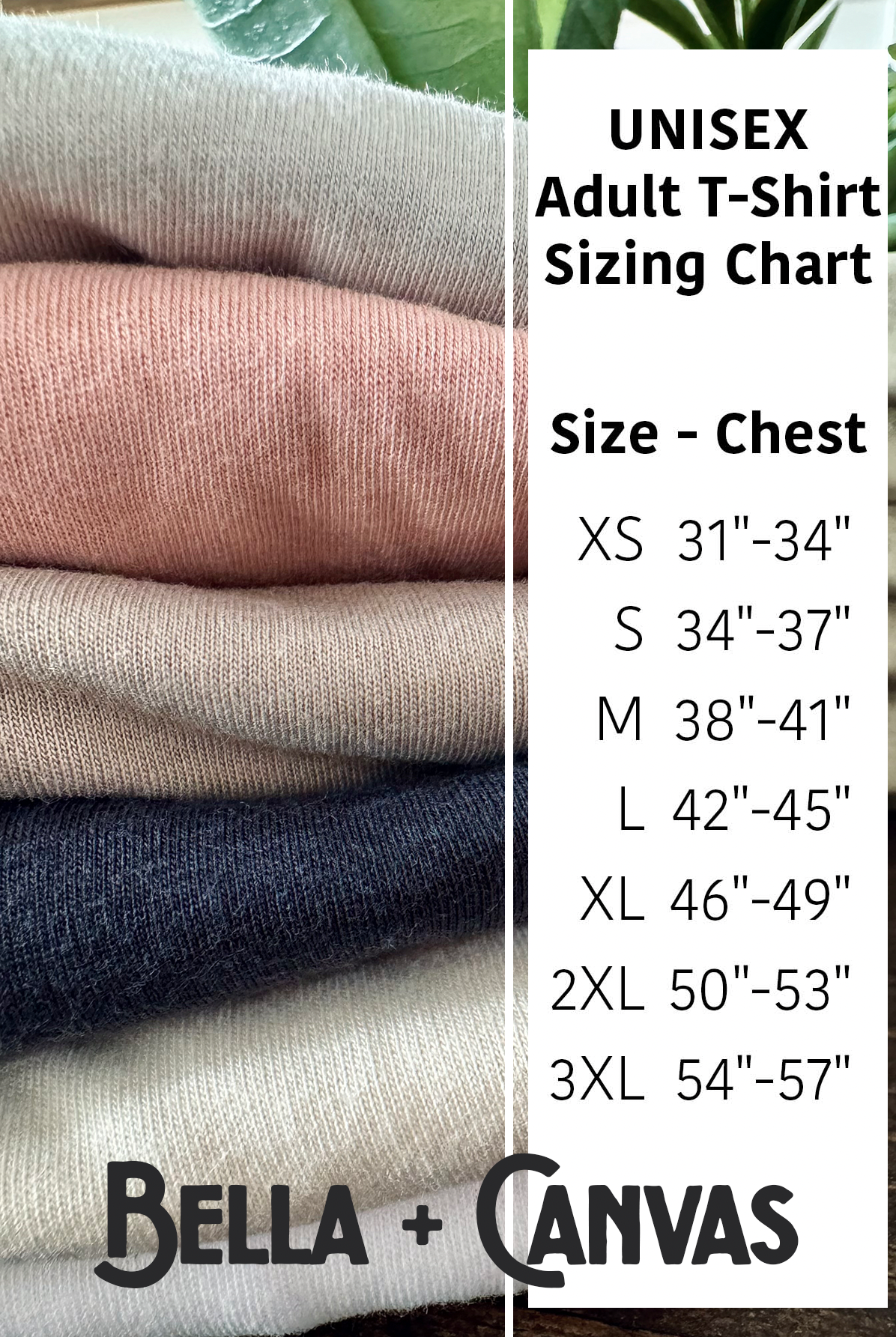 Bella and Canvas unisex adult shirt sizing chart for Boots and Roots Apparel.