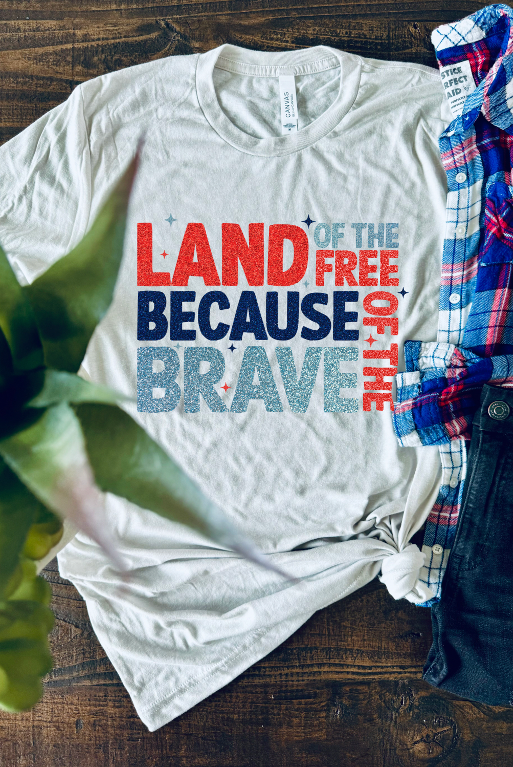 Land of the Free Because of the Brave American Americana Tshirt. Bella and Canvas, made in the USA. Shirt is Cement.