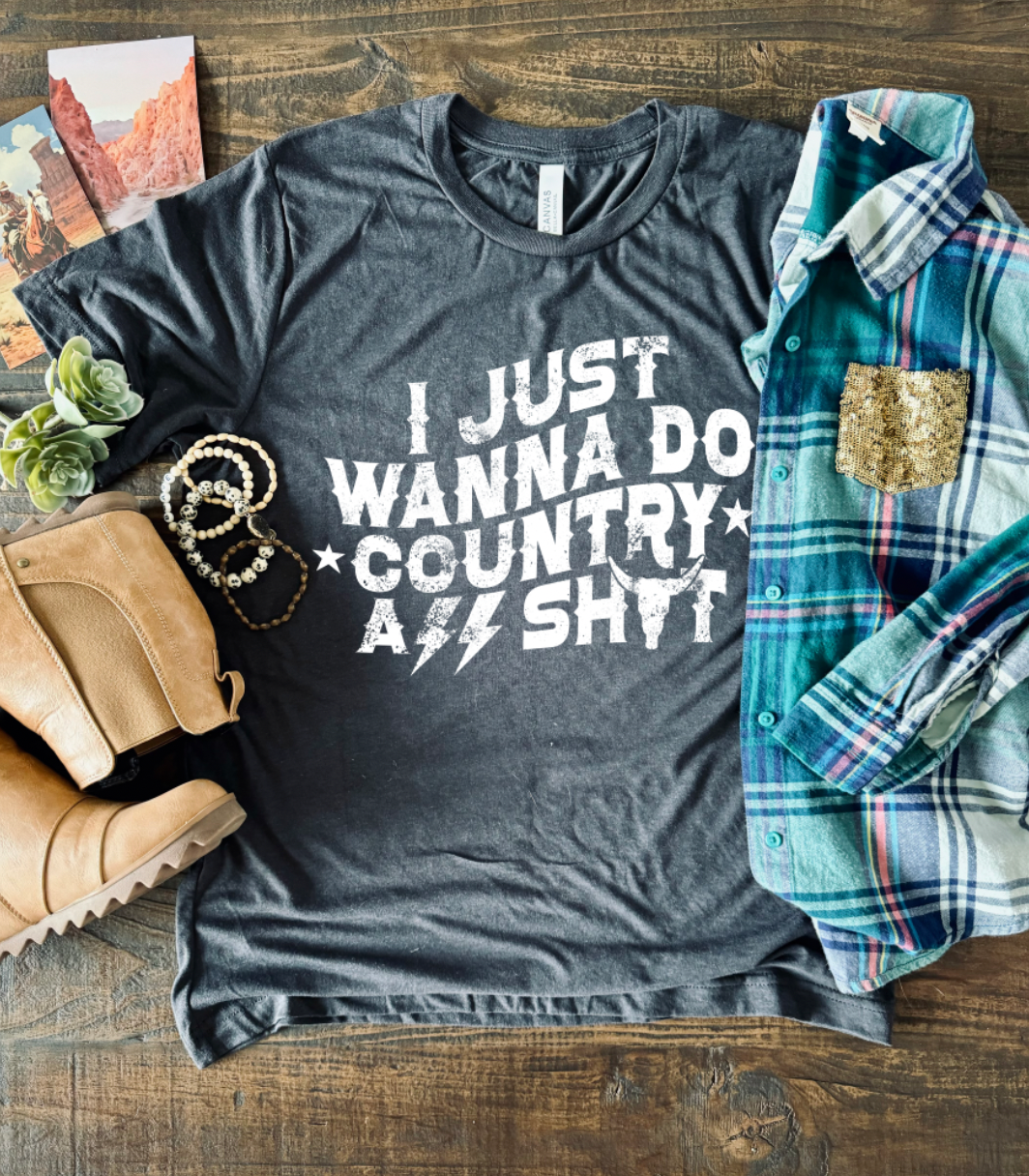 I just wanna do country ass shit, unisex bella and canvas t-shirt featuring stars, lightning bolts and longhorn in charcoal color.