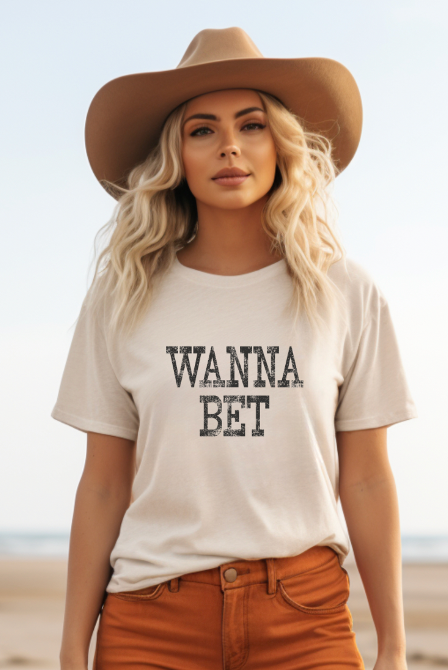Wanna Bet, a sassy and fun country girl vintage tee on cream shirt.