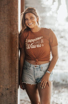 Happiness come in Waves. Beach summer girl shirt. Ocean beach apparel graphic tee. Bella and Canvas. Clay colored tee. Pic of beach girl at the beach.