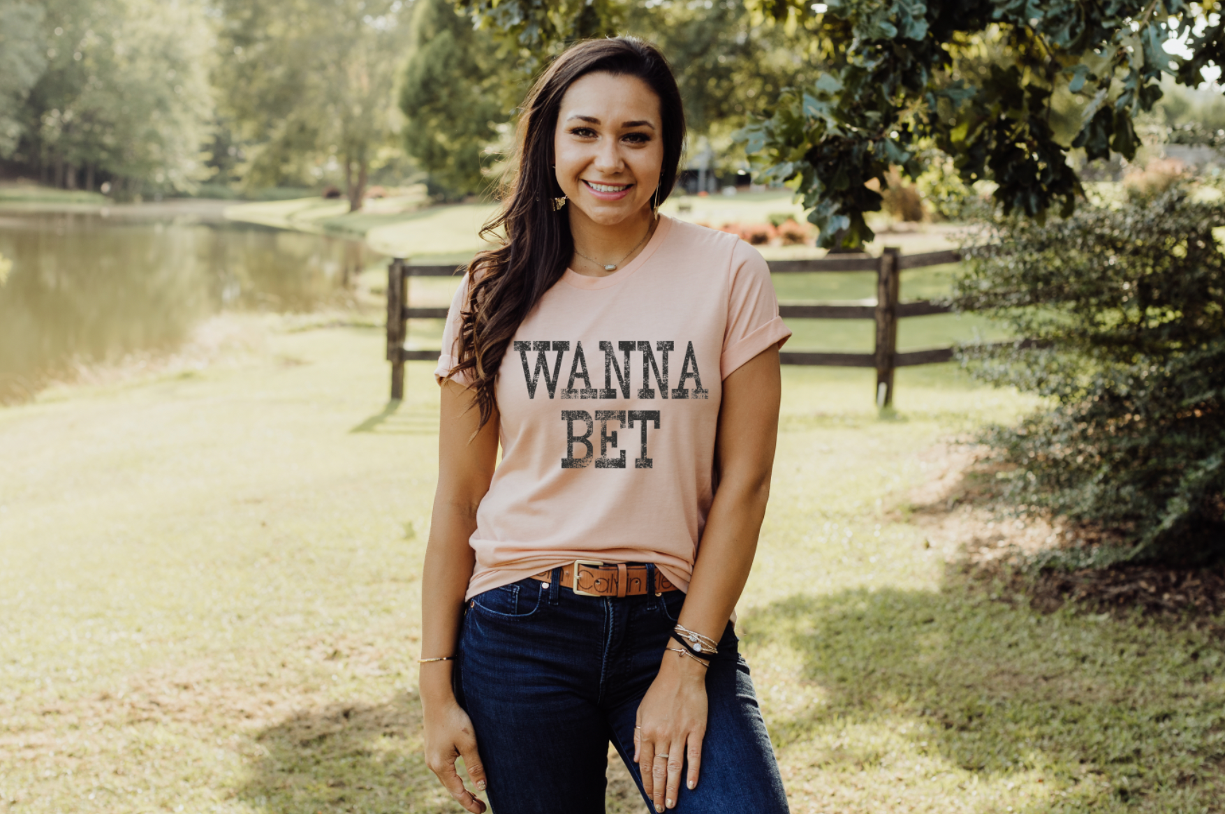 Wanna Bet, a sassy and fun country girl vintage tee on peach shirt.