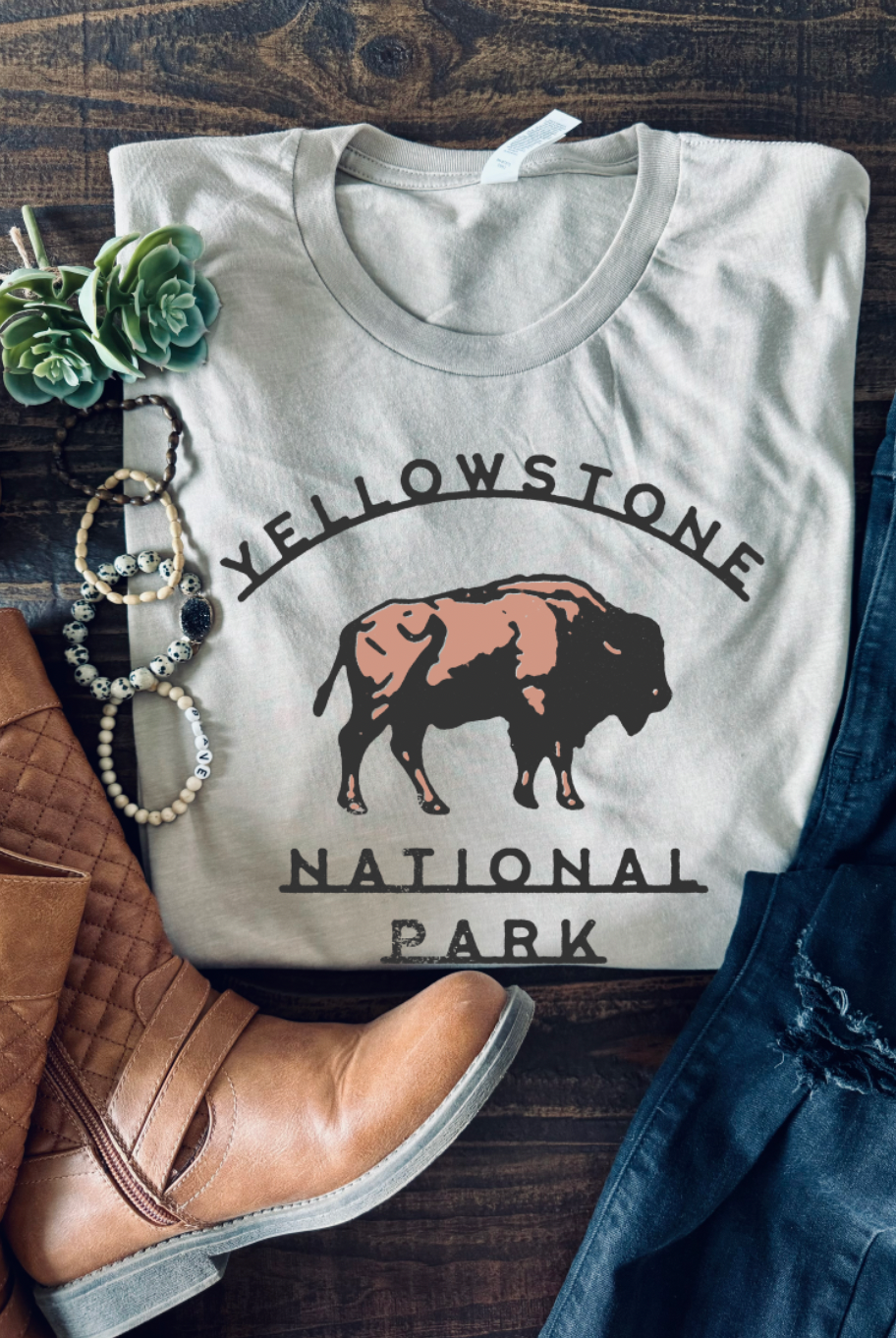 Yellowstone National Park Vintage Country Western Girl Tshirt. Bella and Canvas. Hand made and shipped from Texas. Color is Tan.