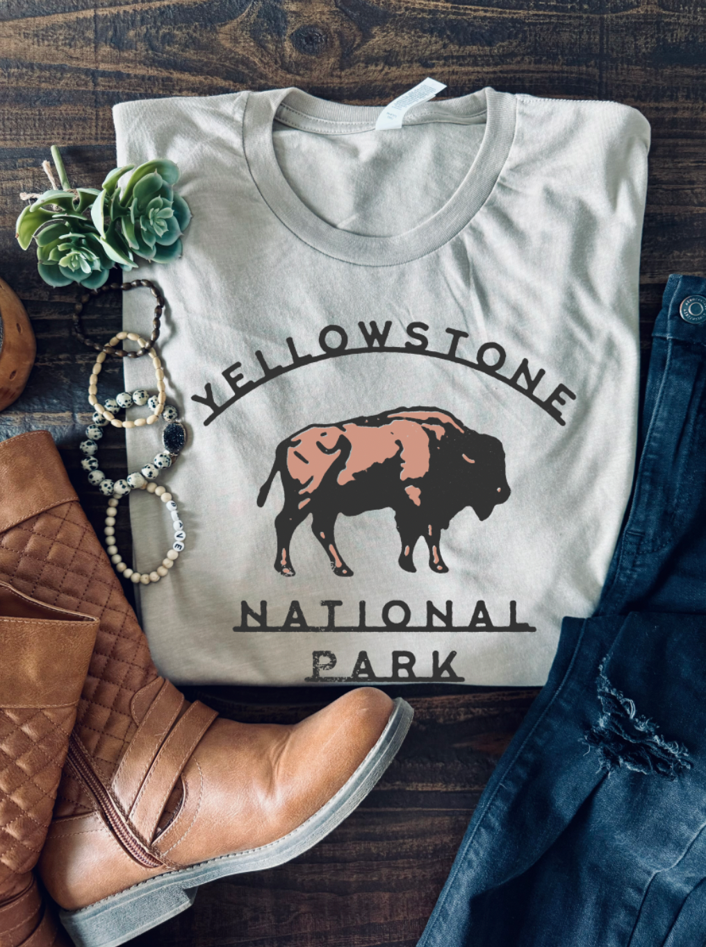 Yellowstone National Park Vintage Country Western Girl Tshirt. Bella and Canvas. Hand made and shipped from Texas. Color is Tan.