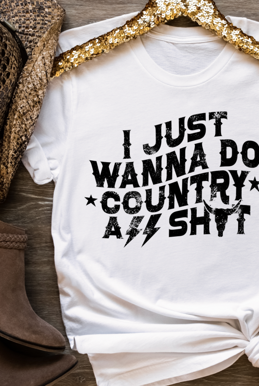 I just wanna do country ass shit, unisex bella and canvas t-shirt featuring stars, lightning bolts and longhorn in white color.
