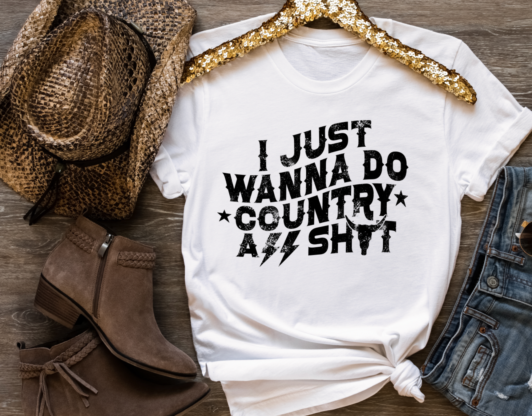 I just wanna do country ass shit, unisex bella and canvas t-shirt featuring stars, lightning bolts and longhorn in white color.