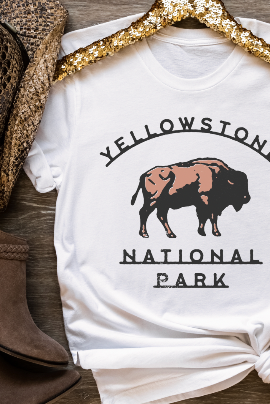 Yellowstone National Park Vintage Country Western Girl Tshirt. Bella and Canvas. Hand made and shipped from Texas. Color is White.