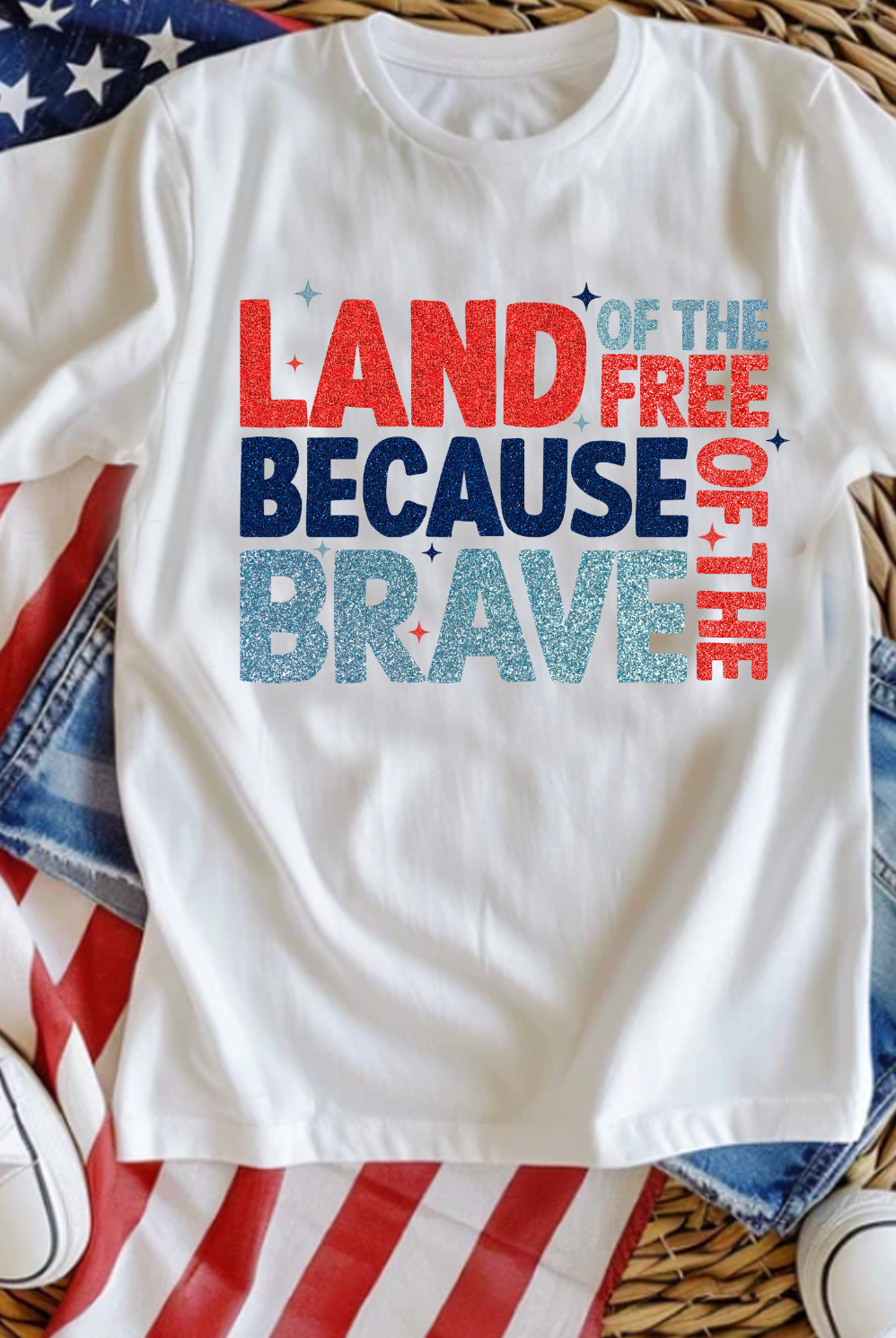 Land of the Free Because of the Brave American Americana Tshirt. Bella and Canvas, made in the USA. Shirt is White.